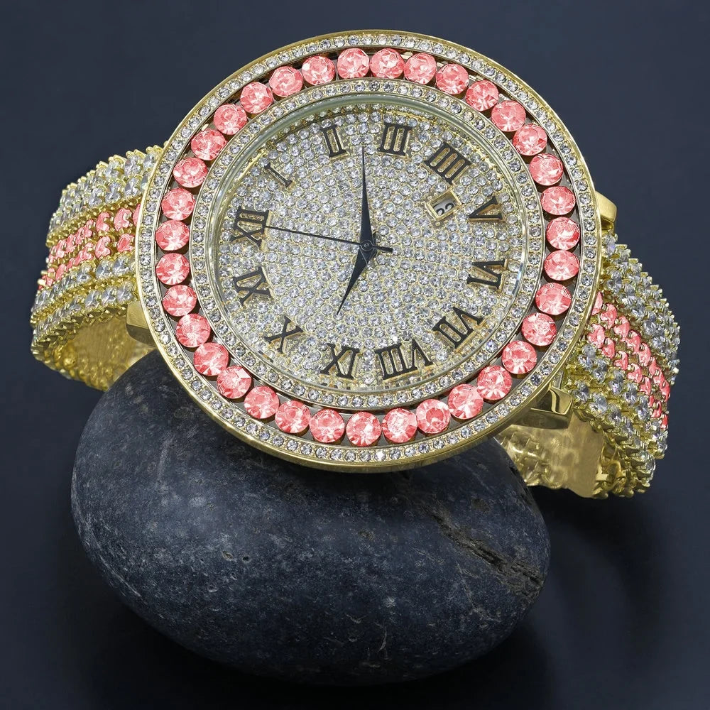 Big Diamond Watch Mens Numeral Roman Size Pink Jo Gold Dial Face Custom Band Adjustable Tourmaline Simulated Tone Rodeo