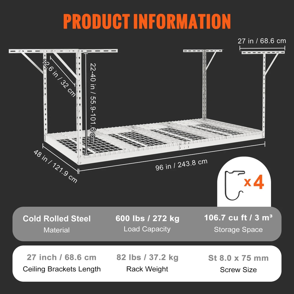 48x96" lbs White SKYSHALO Rack Overhead Adjustable Rack 600 Garage Storage Ceiling