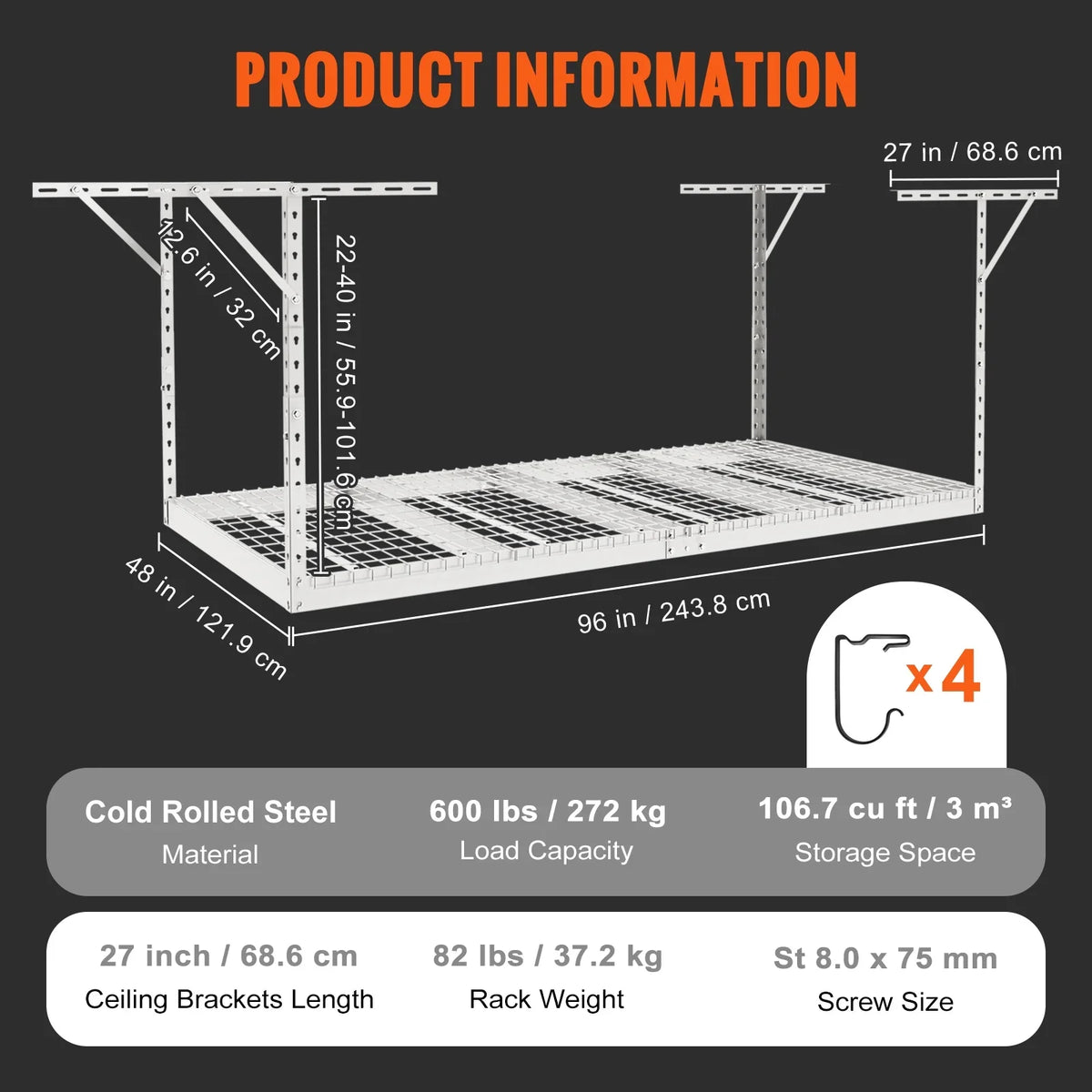 48x96" lbs White SKYSHALO Rack Overhead Adjustable Rack 600 Garage Storage Ceiling