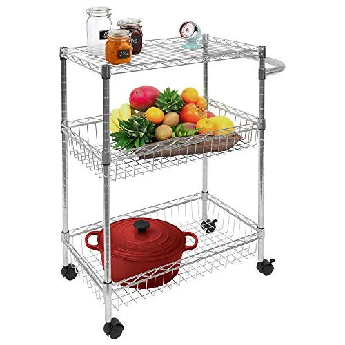 Wire Cart with 3-Tier Metal Handle for Storage Wheels and Cart Mesh Heavy-Duty Storage Silver Kitchen Trolley Multi-Function | Rolling Organization and | Mount-It! |