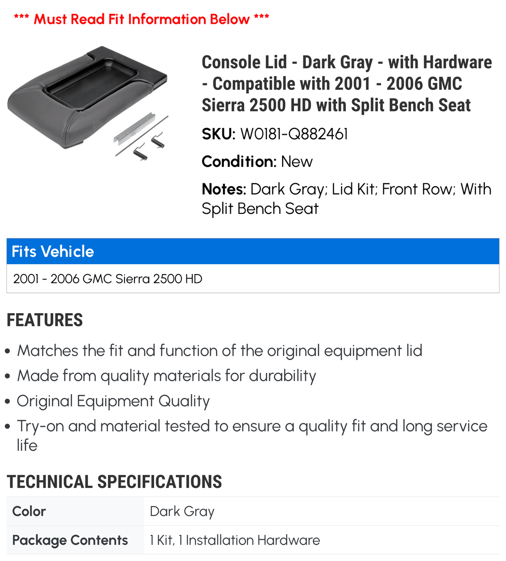 Compatible 2006 2002 Lid 2500 - 2005 Bench with GMC Seat 2004 with Hardware Split 2003 Gray Console Sierra with - - Dark 2001 HD -