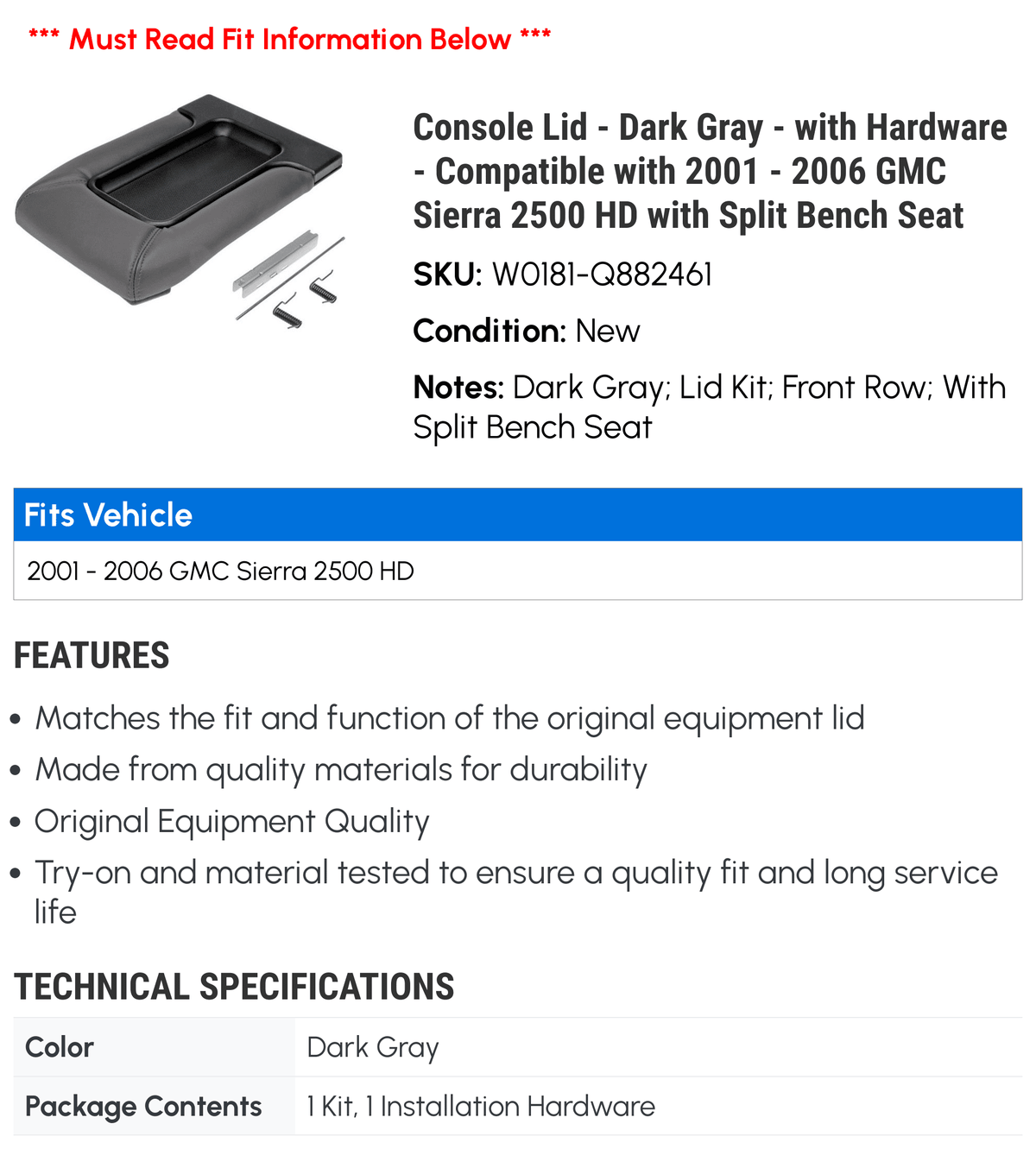 Compatible 2006 2002 Lid 2500 - 2005 Bench with GMC Seat 2004 with Hardware Split 2003 Gray Console Sierra with - - Dark 2001 HD -