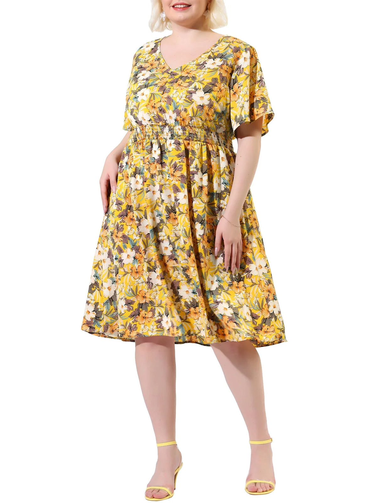 NOVA Plus 3X Yellow Midi Flare Neck V Sleeve Dress Print Casual MODA Floral Juniors'