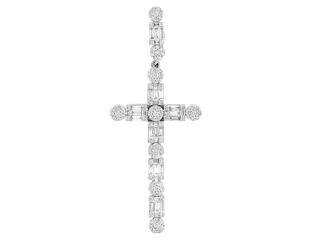 Cross 1.2CT Gold Unisex Flower Diamond White 2" Baguette Real Cluster 10K