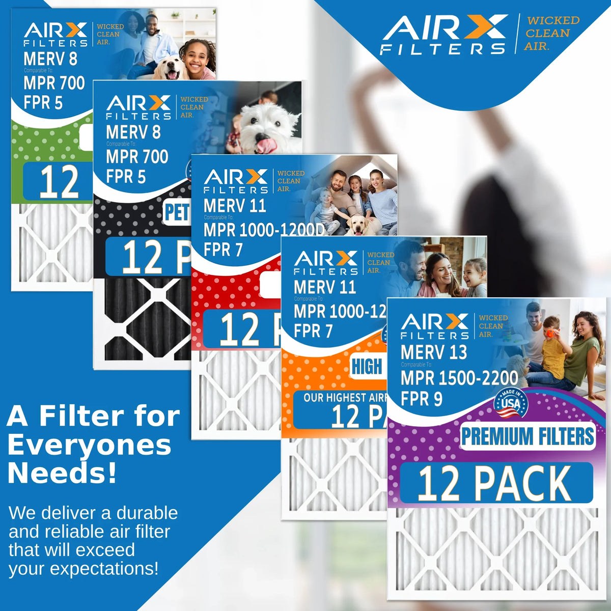 Made Rating, Air WICKED AIR. 12x12x1 AIRX 2200 - MERV by CLEAN Filters USA 13 9 Pack 1500 in FPR of to 12 Furnace & FILTERS MPR Filter Comparable -