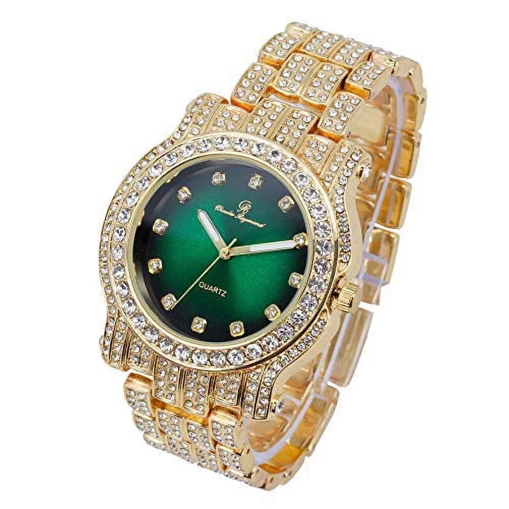 Silver Round Out (L0504DXB Luxury Money - Mens Bling-ed w/Bling-ed Bracelet Watch Green) ZZ Gold Out