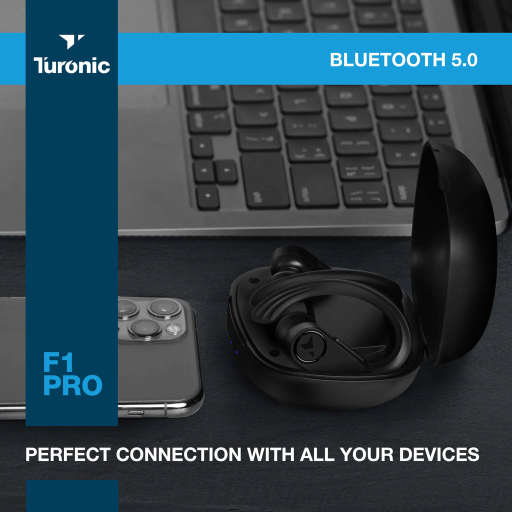 Earhook Running, Wireless - - Black w/Microphone with Sport Mic, Earbuds 45H Pro - Gym, Playtime, F1 True Charging Waterproof Turonic Bluetooth case, - Earphones Headphones Wireless Workout for IPX7