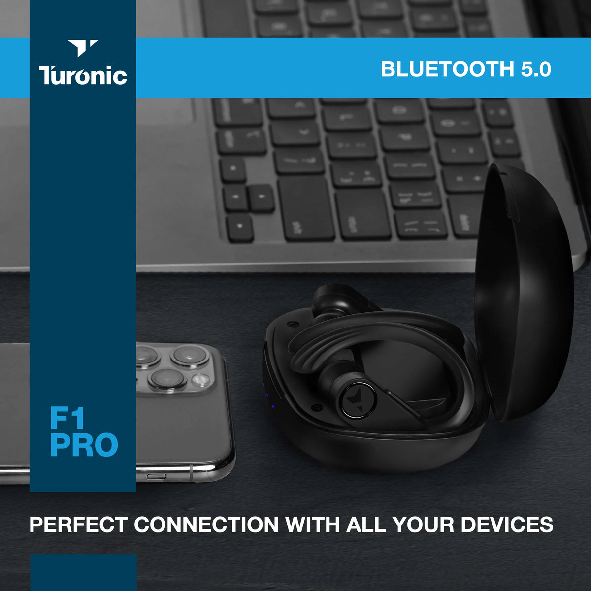 Earhook Running, Wireless - - Black w/Microphone with Sport Mic, Earbuds 45H Pro - Gym, Playtime, F1 True Charging Waterproof Turonic Bluetooth case, - Earphones Headphones Wireless Workout for IPX7