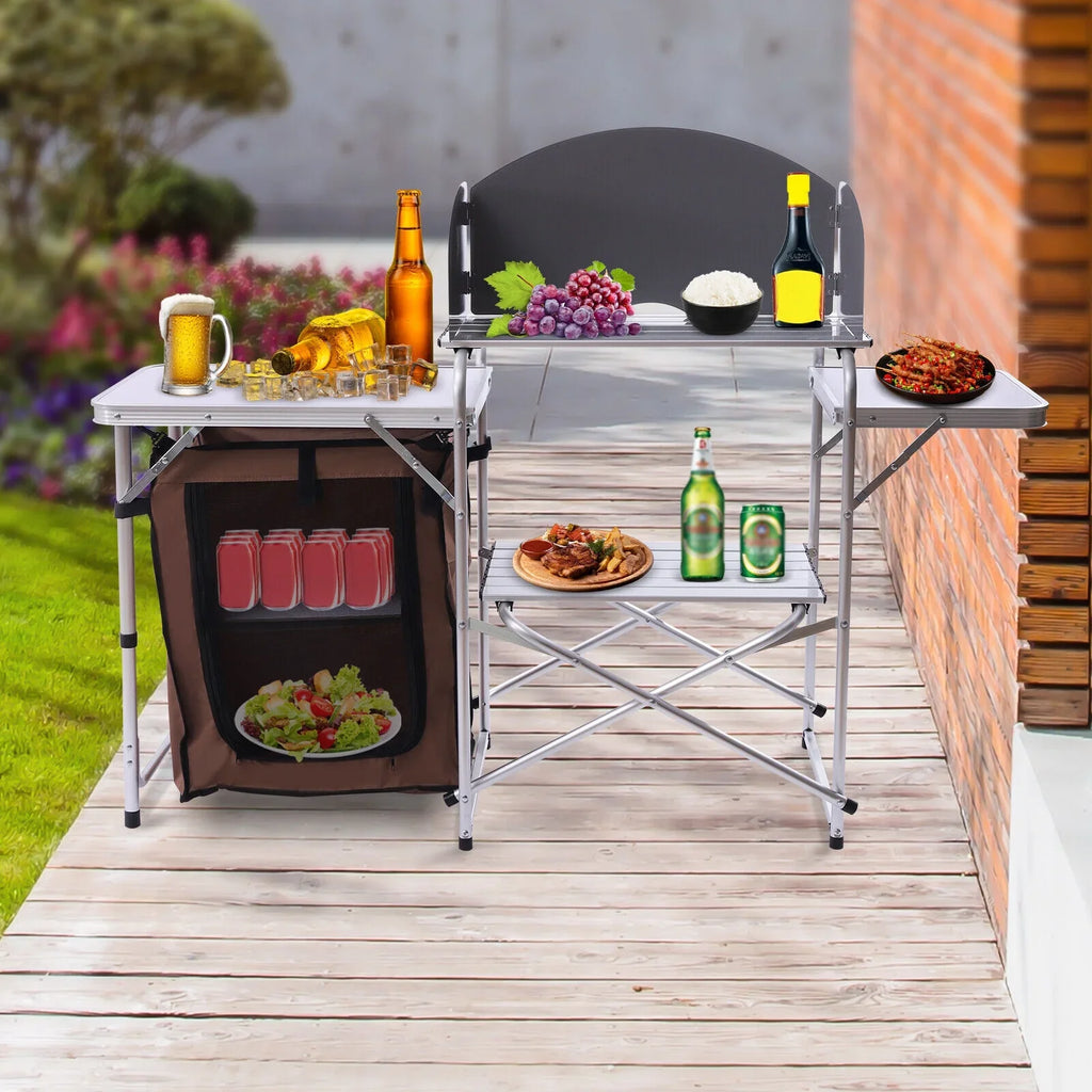 Barbecue Camping Folding Table Portable Rack+Brown Fabric Station Cover
