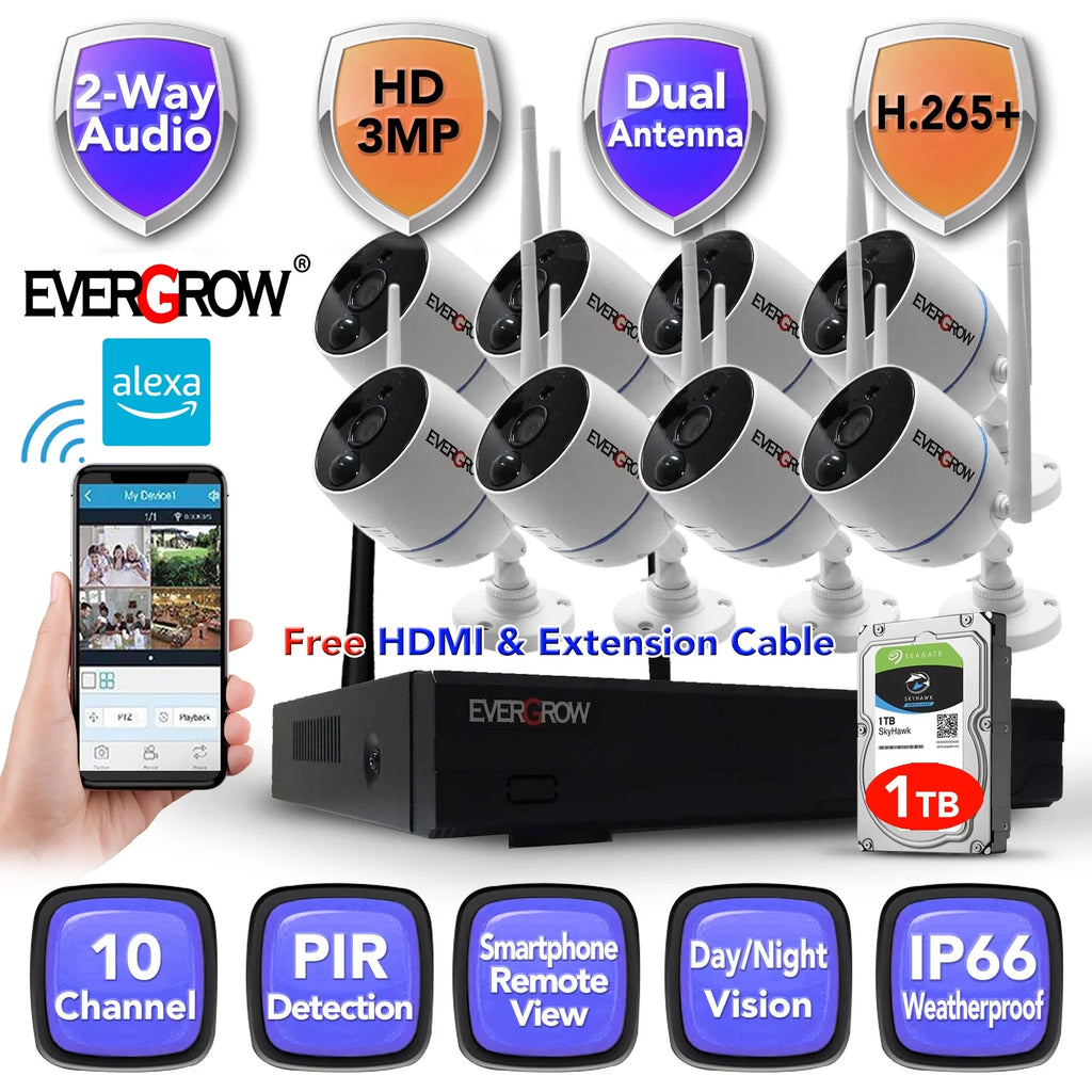 10 Outdoor Camera Indoor Cameras,P2P,Night Drive, Channels, 1TB with Human Audio,8Pcs Hard CCTV 3MP Wireless Kits, Vision,AI Security System NVR Surveillance DetectionCAM-WIFI-8CHS-WFS)