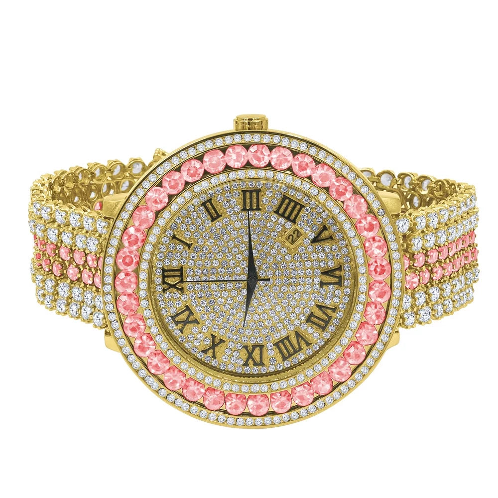 Big Diamond Watch Mens Numeral Roman Size Pink Jo Gold Dial Face Custom Band Adjustable Tourmaline Simulated Tone Rodeo