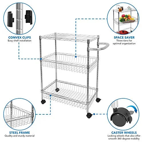 Wire Cart with 3-Tier Metal Handle for Storage Wheels and Cart Mesh Heavy-Duty Storage Silver Kitchen Trolley Multi-Function | Rolling Organization and | Mount-It! |