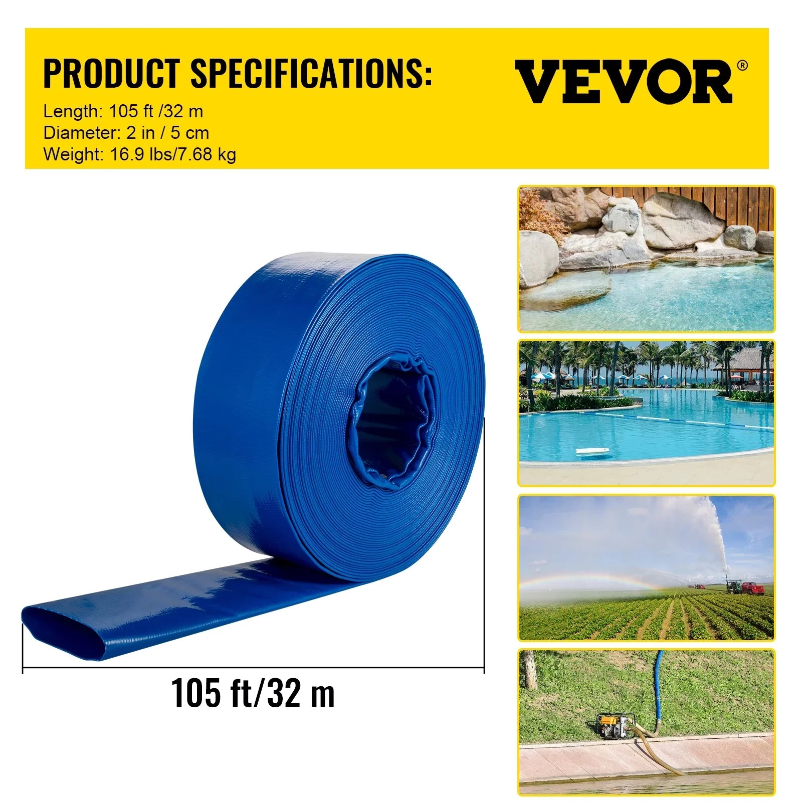Transfer, Swimming Clamps, 2" Duty Hose Drain Flat 105', PVC Discharge Weather-proof Water Lay with Heavy for & Fabric Backwash BENTISM Ideal & Pool Blue x Hose, Burst-proof, Hose,