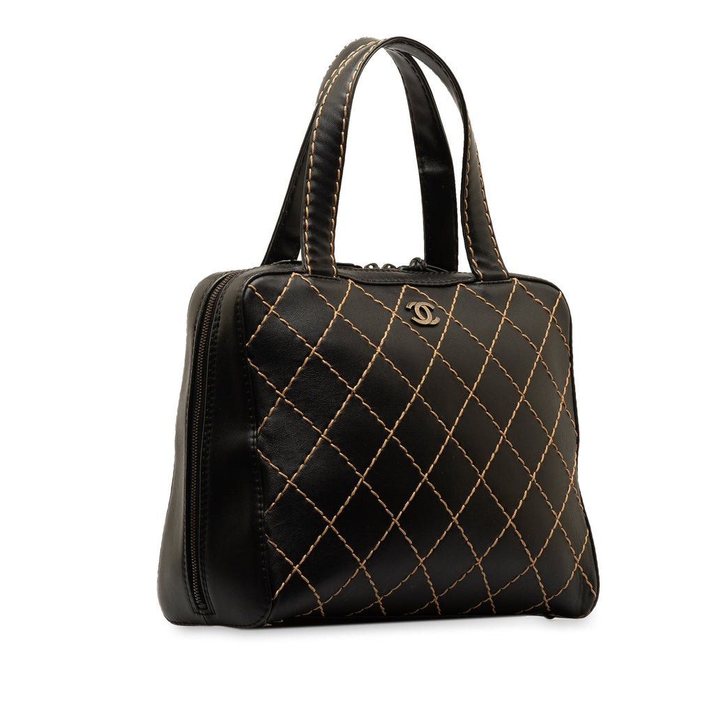 Authenticated (Good) Leather Pre-Owned Chanel CC Lambskin Top Black Unisex Wild Handbag Stitch HandleBag