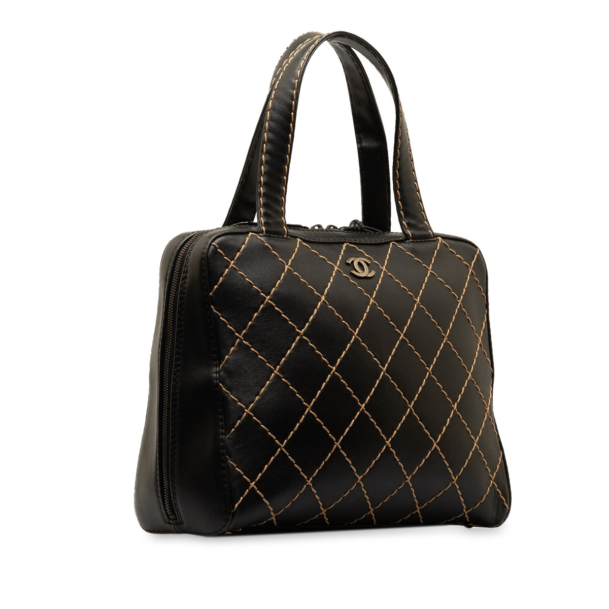 Authenticated (Good) Leather Pre-Owned Chanel CC Lambskin Top Black Unisex Wild Handbag Stitch HandleBag