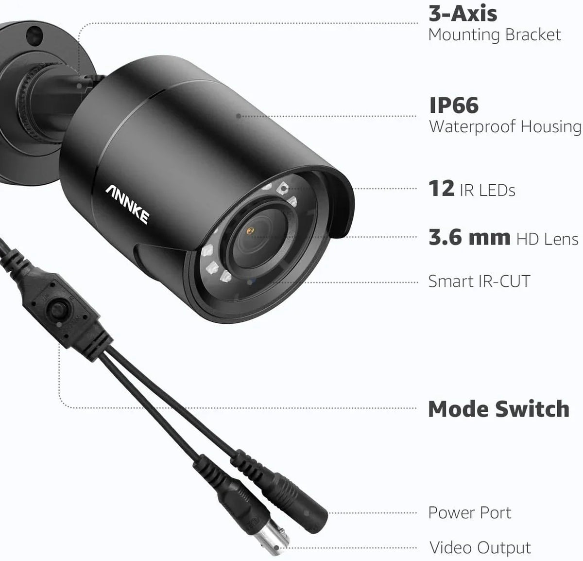 Camera CCTV Security Wired Camera (Power Indoor/Outdoor Included) Analog Bullet Adapter 100ft ANNKE On Add Use, for 4-in-1 1080p AHD/TVI/CVI/CVBS, Black Vision Surveillance Cam, Clear - Not E200 Video Night