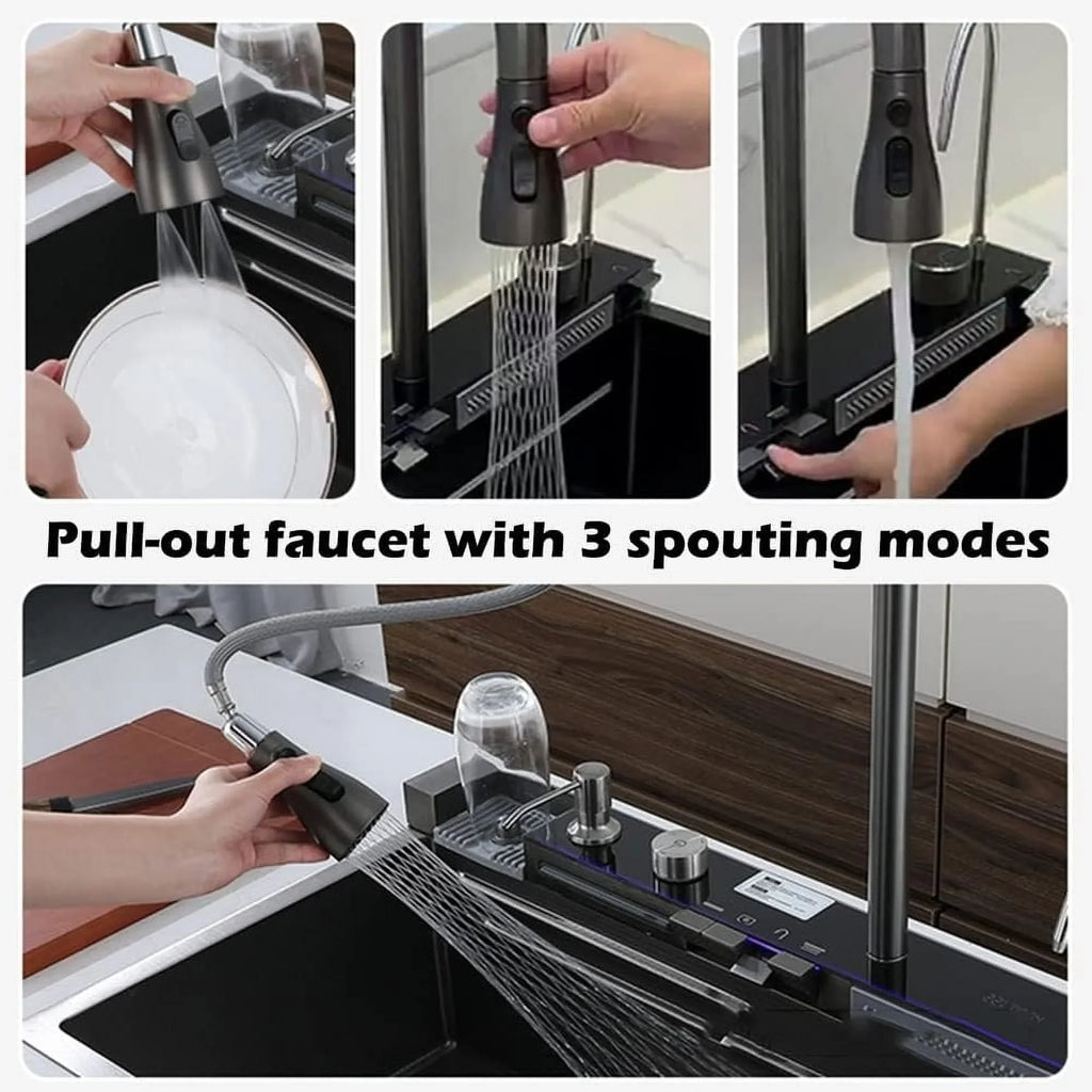 Rain Nano Set Sink Black Flying with Pull-Out 29.5 INCH SinkIntegrated Household Tap Waterfall Sink