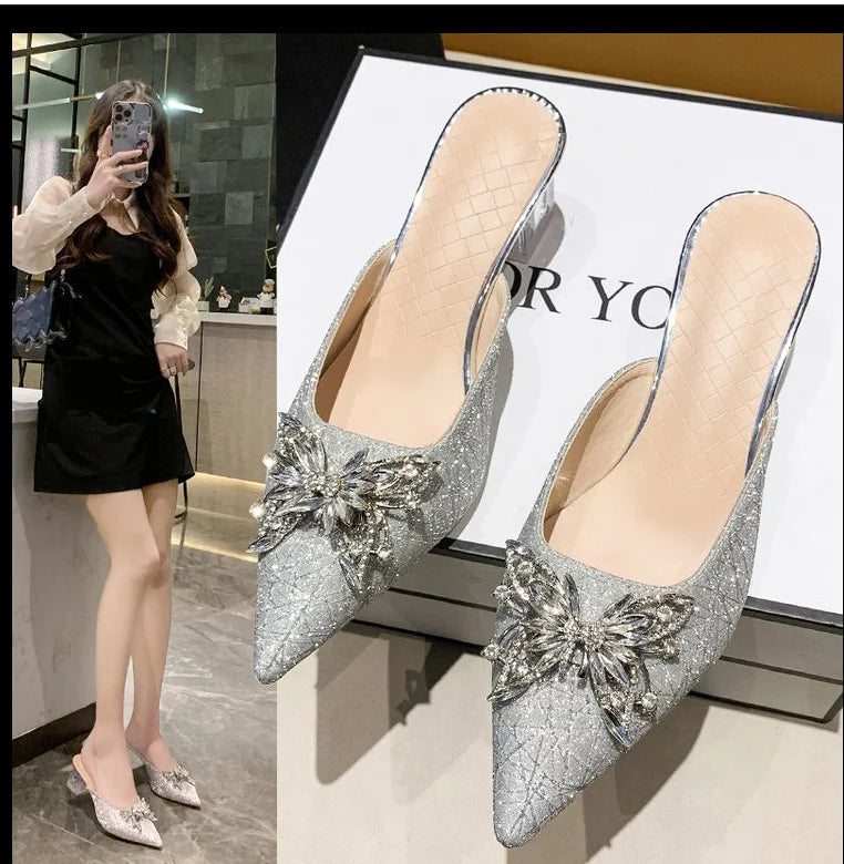Women Mules Dress Summer Pointed Crystal Slides Flops 2024 Sexy Sandals Designer Shoes Luxury High Flip Toe Pumps Heels