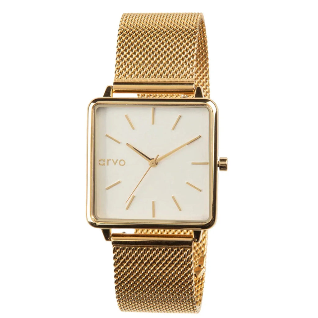 '- Watch Squared Gold Dial, White Time Mesh Arvo