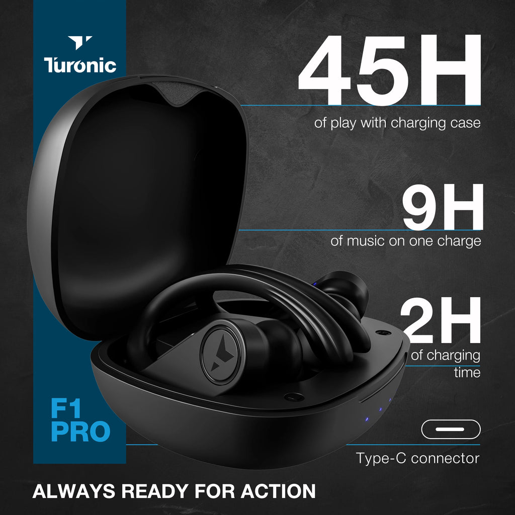 Earhook Running, Wireless - - Black w/Microphone with Sport Mic, Earbuds 45H Pro - Gym, Playtime, F1 True Charging Waterproof Turonic Bluetooth case, - Earphones Headphones Wireless Workout for IPX7