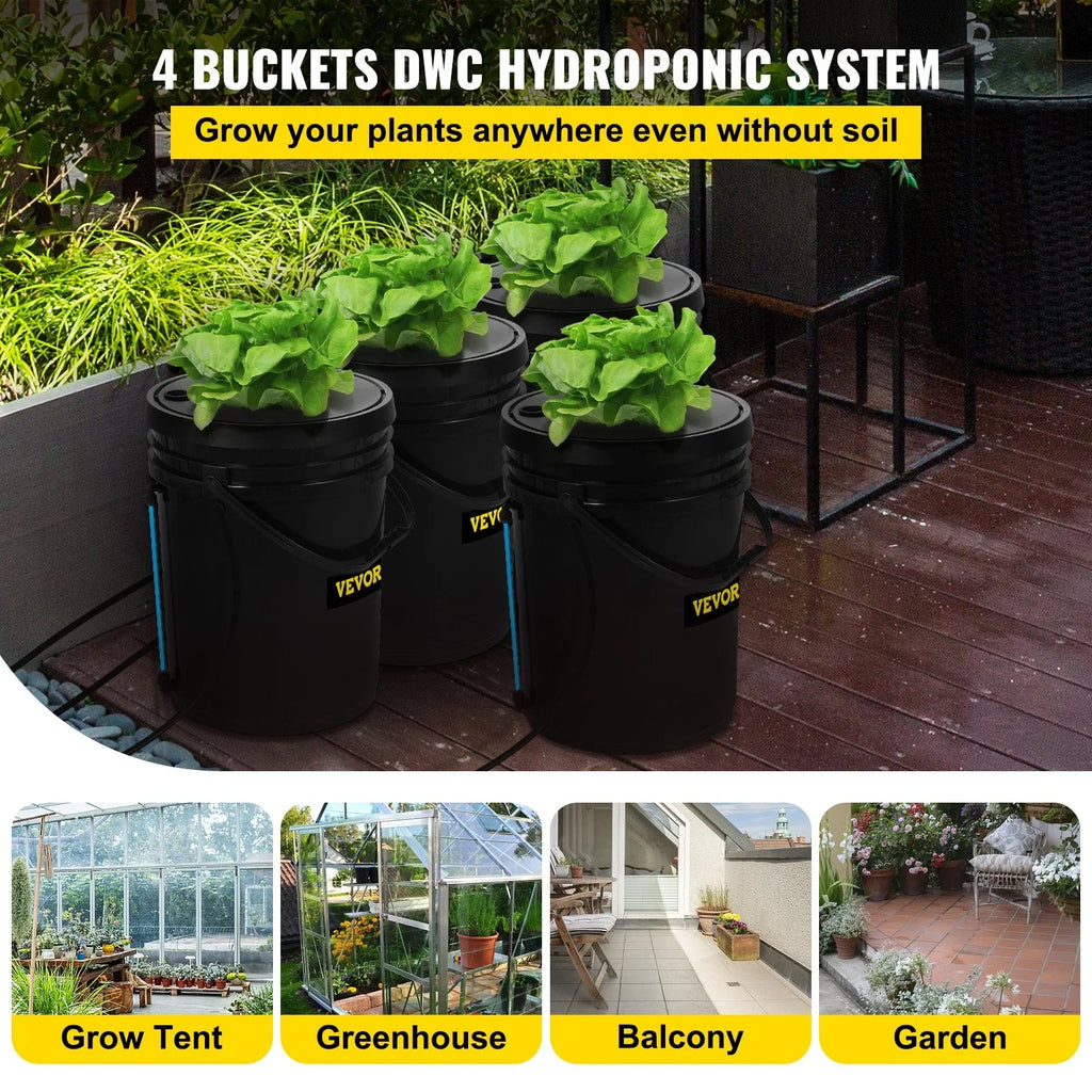 Indoor/Outdoor Water VEVOR Leafy Hydroponic Kit, 4-Bucket Vegetables for Indicator Level DWC Stone Air 5-Gallon, Pump, & with Grow System