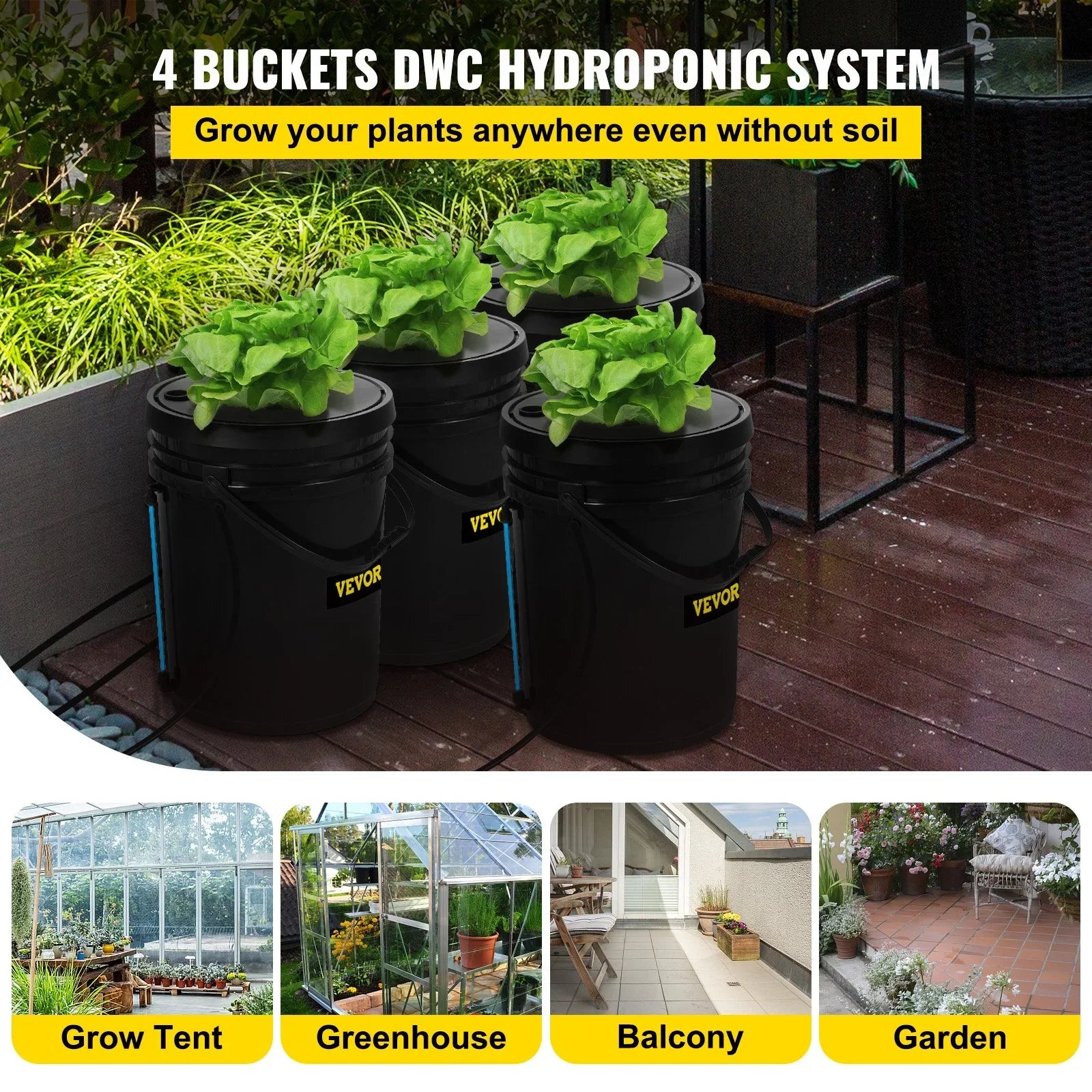 Indoor/Outdoor Water VEVOR Leafy Hydroponic Kit, 4-Bucket Vegetables for Indicator Level DWC Stone Air 5-Gallon, Pump, & with Grow System