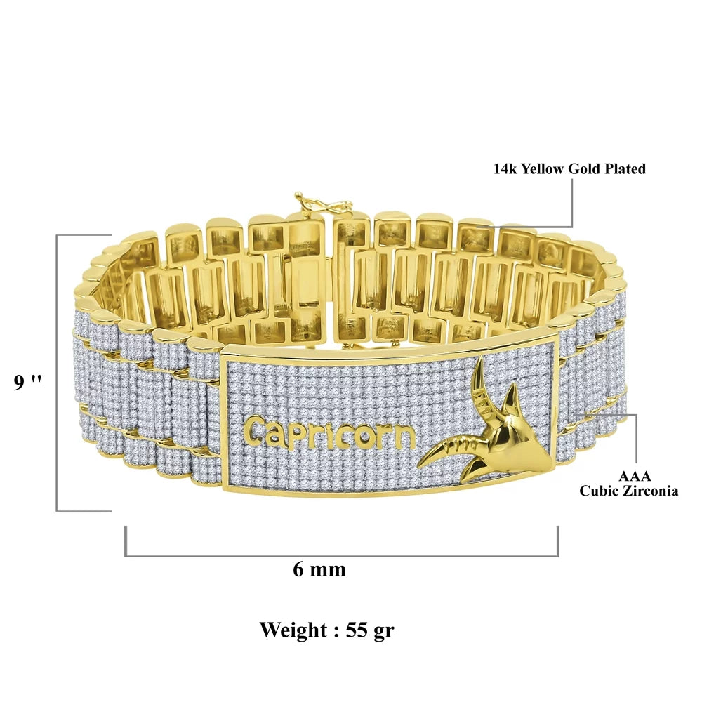 Horoscope Horse Zodiac Tone Mens Bracelet Capricorn Gold Astrology 14K 8.5'' Simulated Sign Diamond Yellow