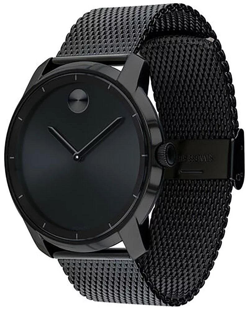 Mesh Black Movado Band Mens Black Watch Bold Steel Dial Stainless Quartz Ion-plated 3600261