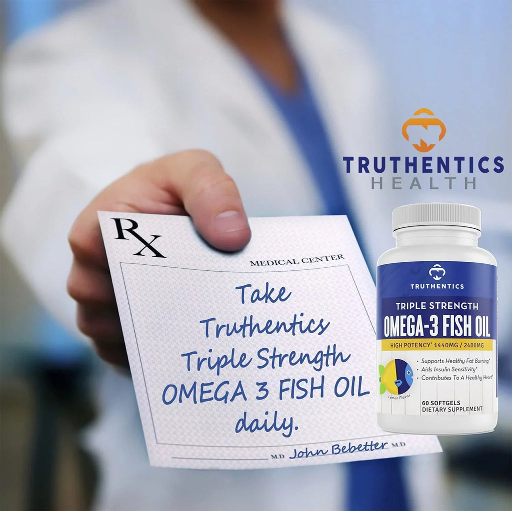 3 Truthentics Omega (2 Burpless Pack) - Pure 3 mg Omega 2400 Fish EPA - Sea-Harvested DHA Acids Oil Strength Fish Triple 120 100% Oil Softgels - - Fatty High Lemon Flavor