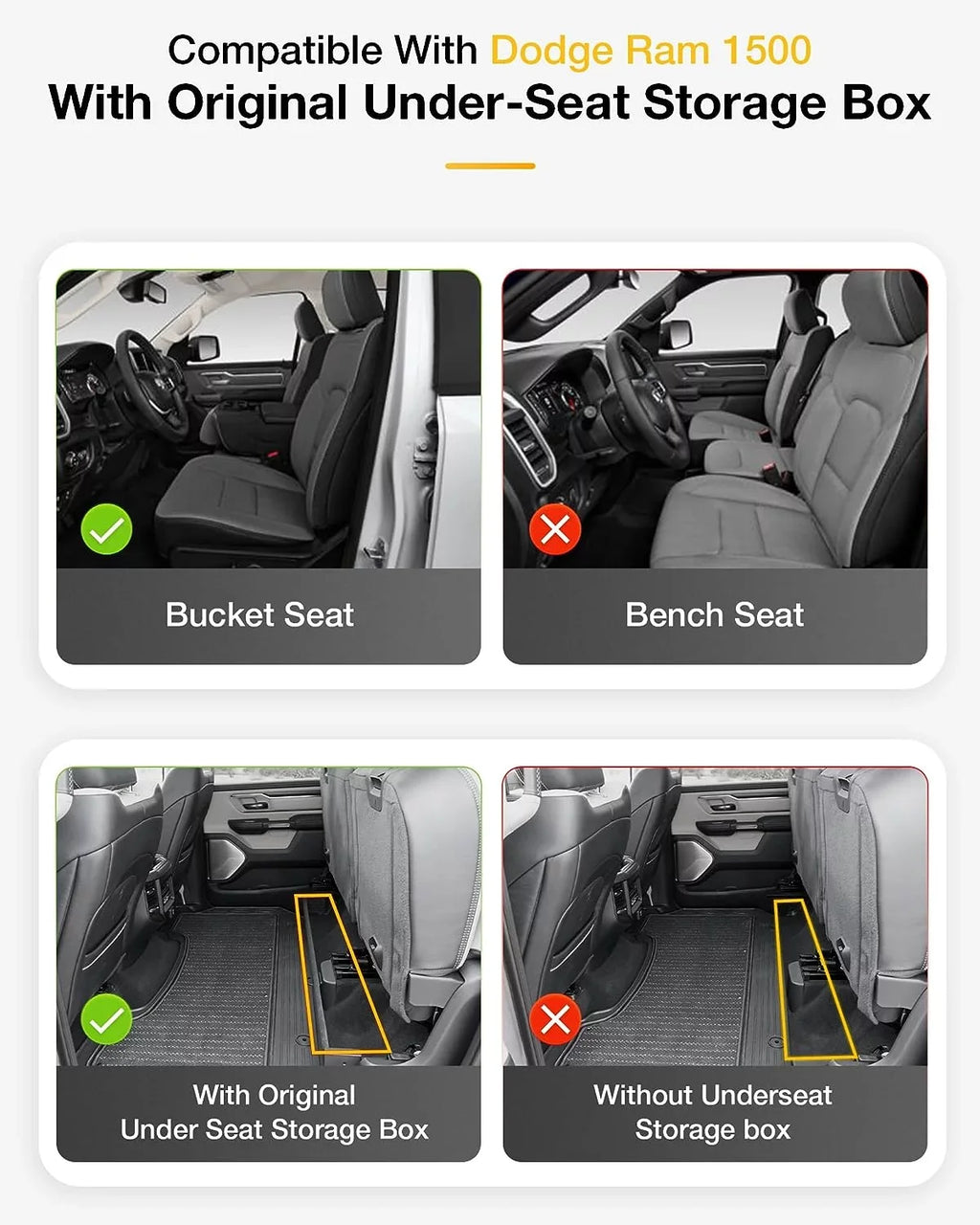 Under-Seat for Dodge Set Liners Factory Liner Mats Bucket Fit All Seat, 3W Car Storage 1500 Floor Floor Crew Rear Cab Mats Weather 2019-2023 with Car Ram Full