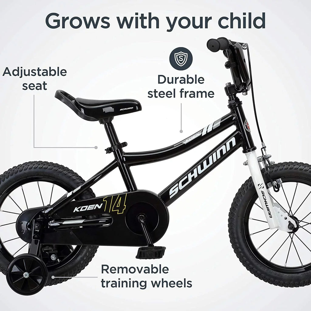 Seat Wheels Toddlers and for Black, Bike Years 2 Koen inch for Adjustable Boys Training Up, Ages Schwinn Kids, and 14 Wheels,