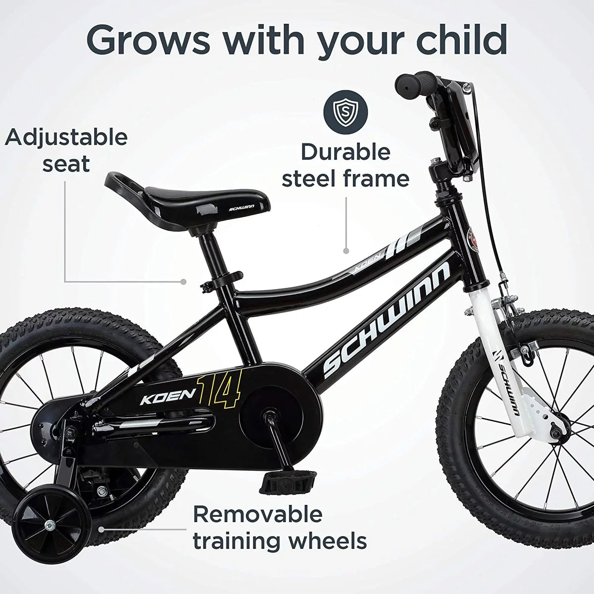 Seat Wheels Toddlers and for Black, Bike Years 2 Koen inch for Adjustable Boys Training Up, Ages Schwinn Kids, and 14 Wheels,