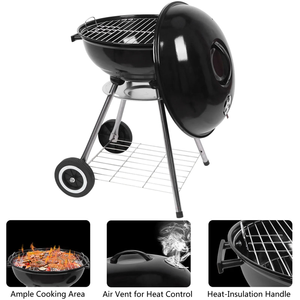 Storage Cooking Grill Camping Grill Grill Grate Wheels, Steel inch Outdoor 18 with Charcoal BBQ w/ on Area,