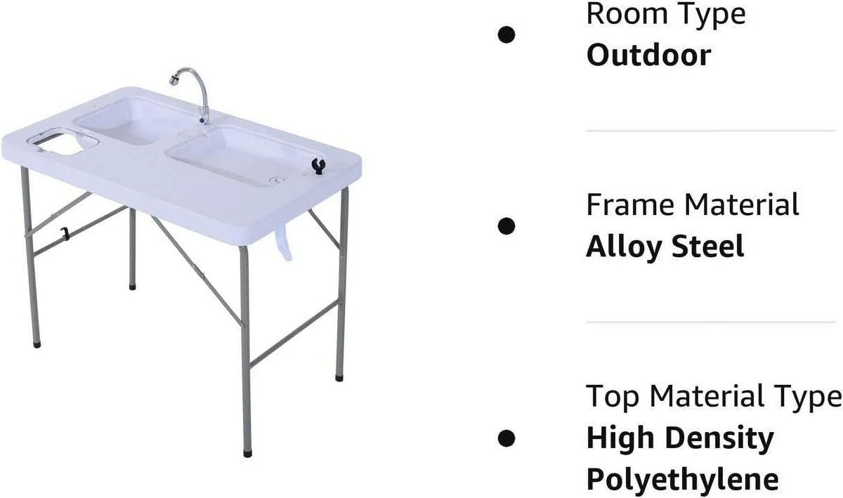 Table Table Outdoor Folding with Basins, Water Camping Sink for Station, Faucet Dual and Picnic, Fish Fishing, 40''