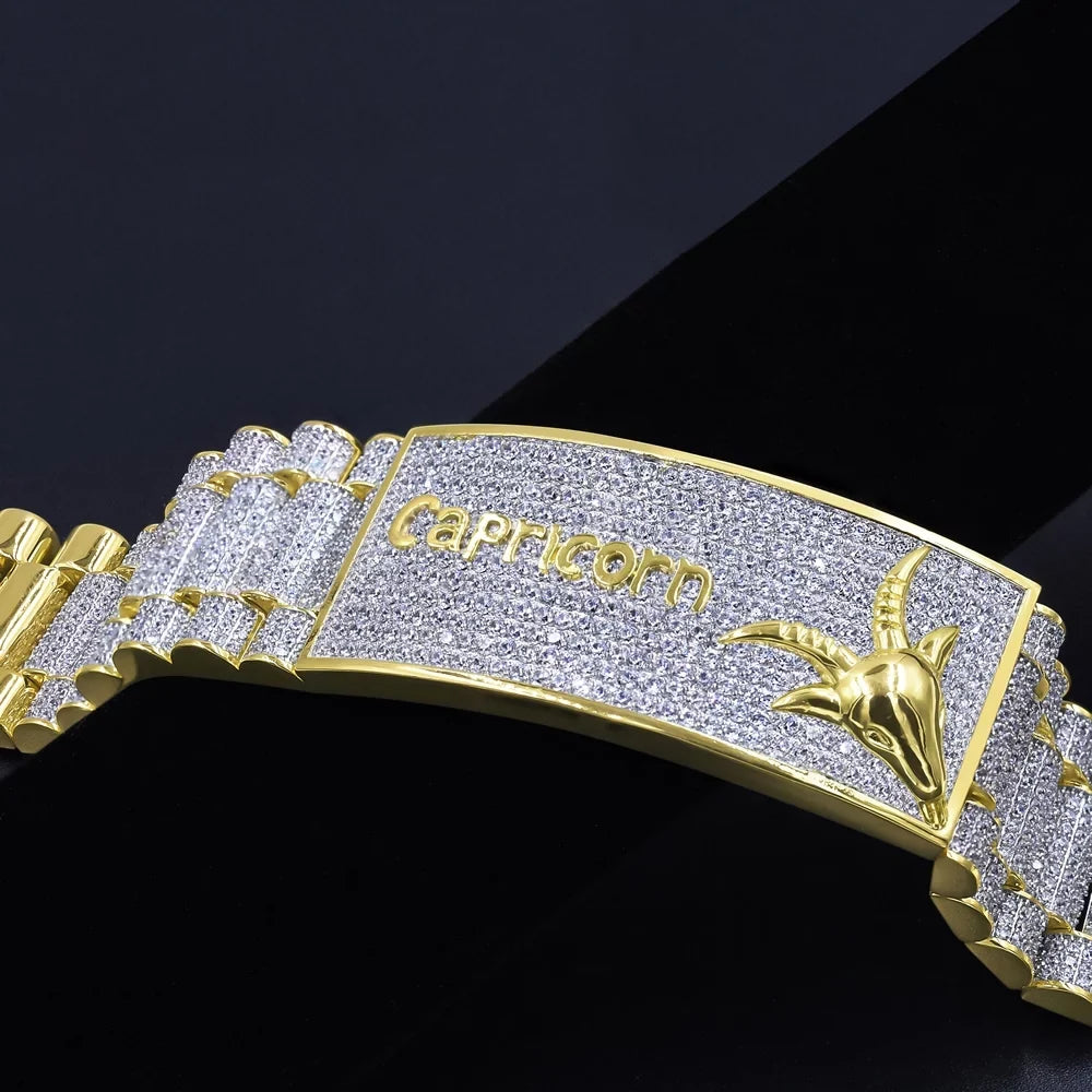 Horoscope Horse Zodiac Tone Mens Bracelet Capricorn Gold Astrology 14K 8.5'' Simulated Sign Diamond Yellow