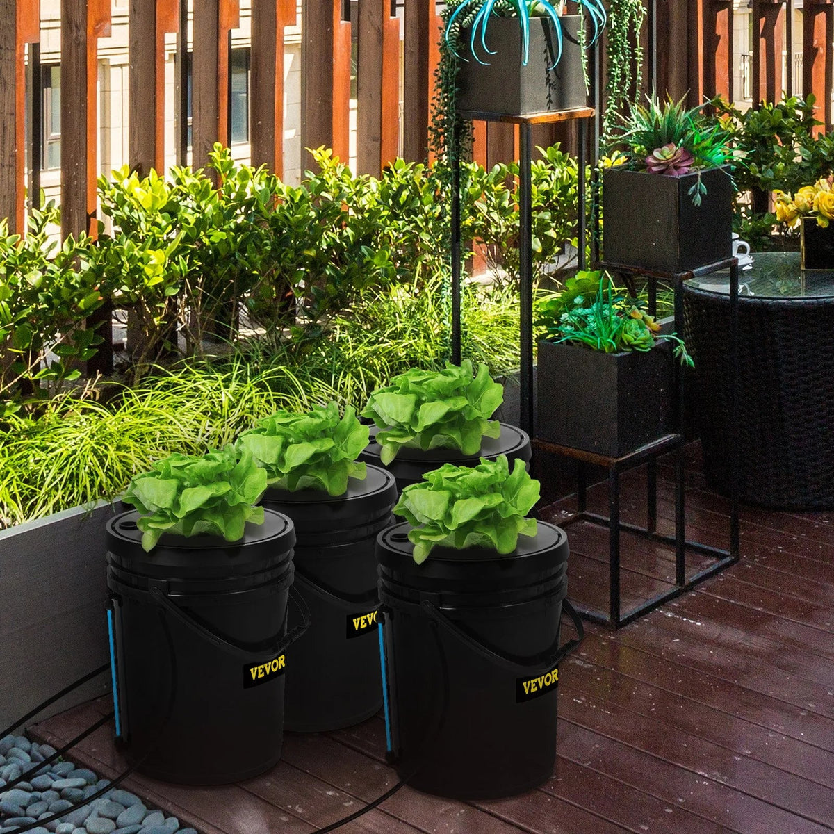 Indoor/Outdoor Water VEVOR Leafy Hydroponic Kit, 4-Bucket Vegetables for Indicator Level DWC Stone Air 5-Gallon, Pump, & with Grow System