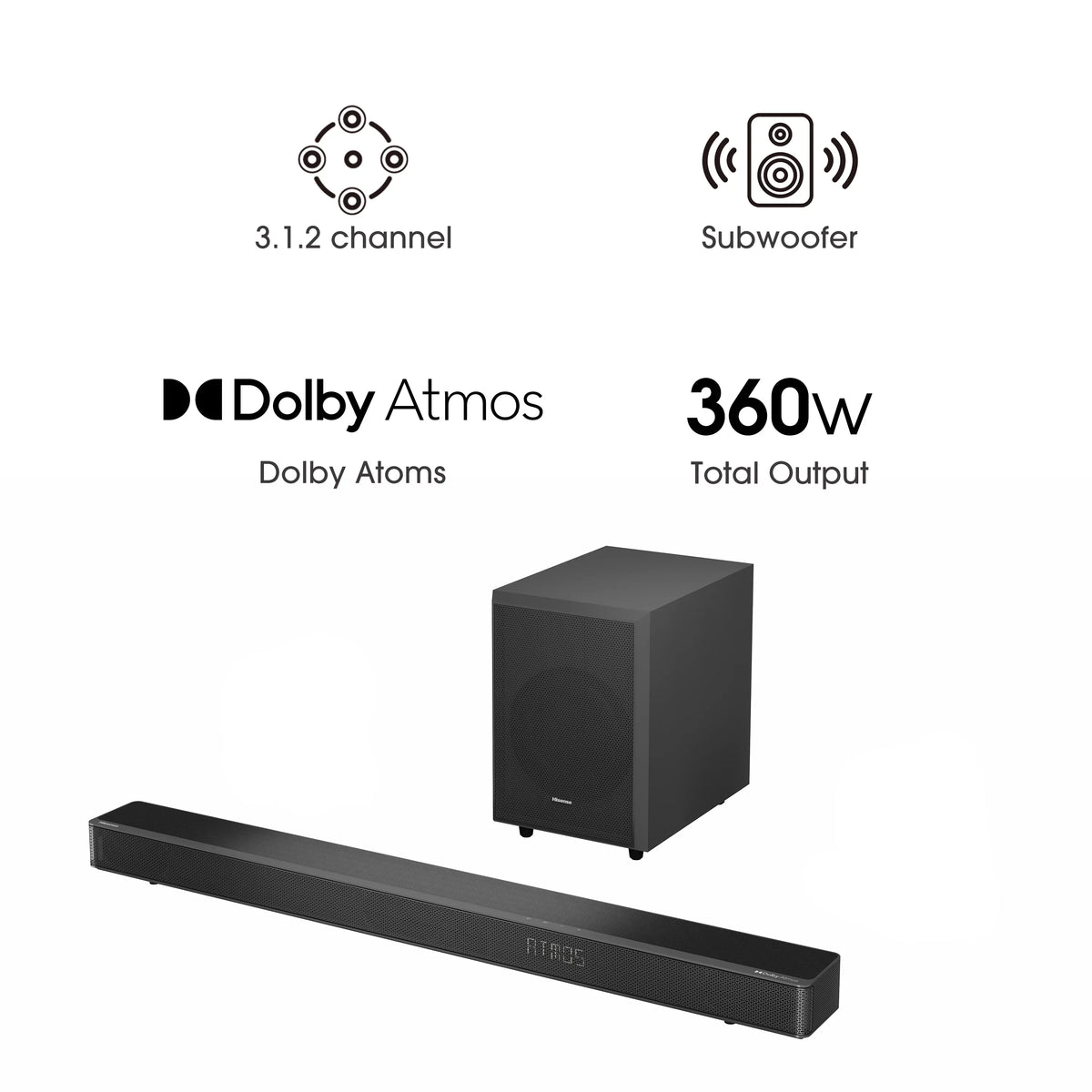 and (AX3120G) Subwoofer* Hisense Atmos (Refurbished) Dolby Soundbar with Wireless 360W Ch Restored 3.1.2