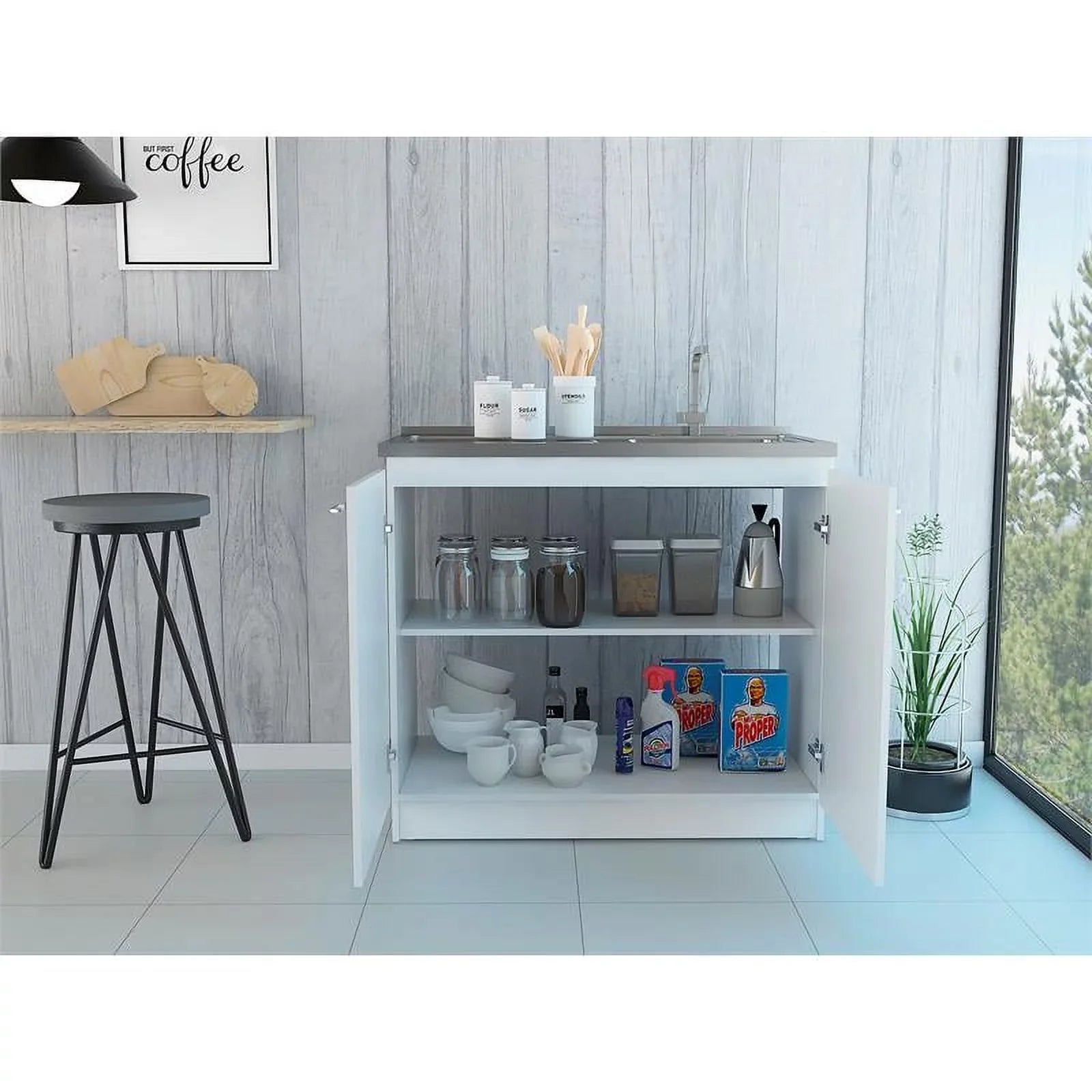 Kitchen and Service Set with Square Sink Cabinet 2-Piece Home Utility with Cart