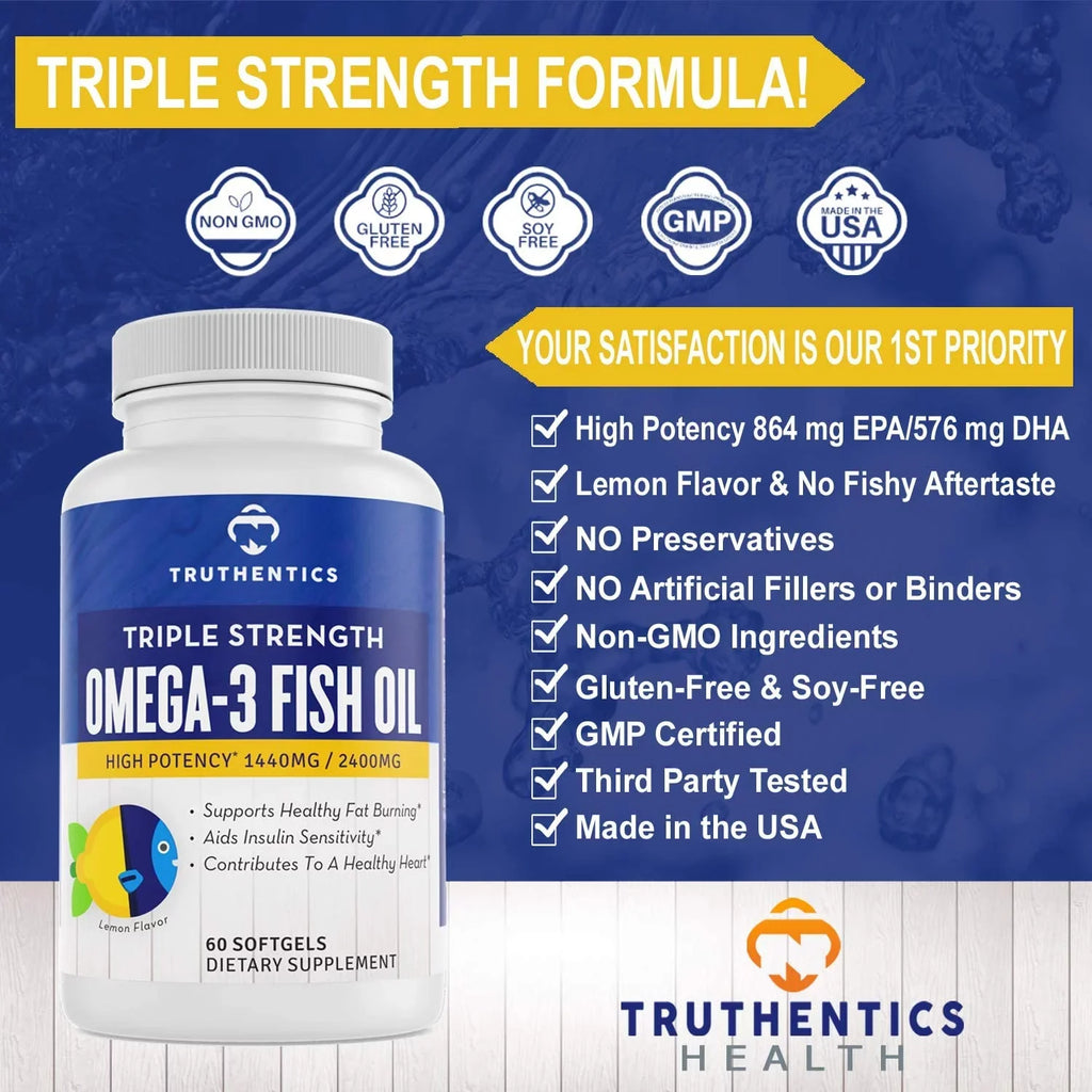 3 Truthentics Omega (2 Burpless Pack) - Pure 3 mg Omega 2400 Fish EPA - Sea-Harvested DHA Acids Oil Strength Fish Triple 120 100% Oil Softgels - - Fatty High Lemon Flavor