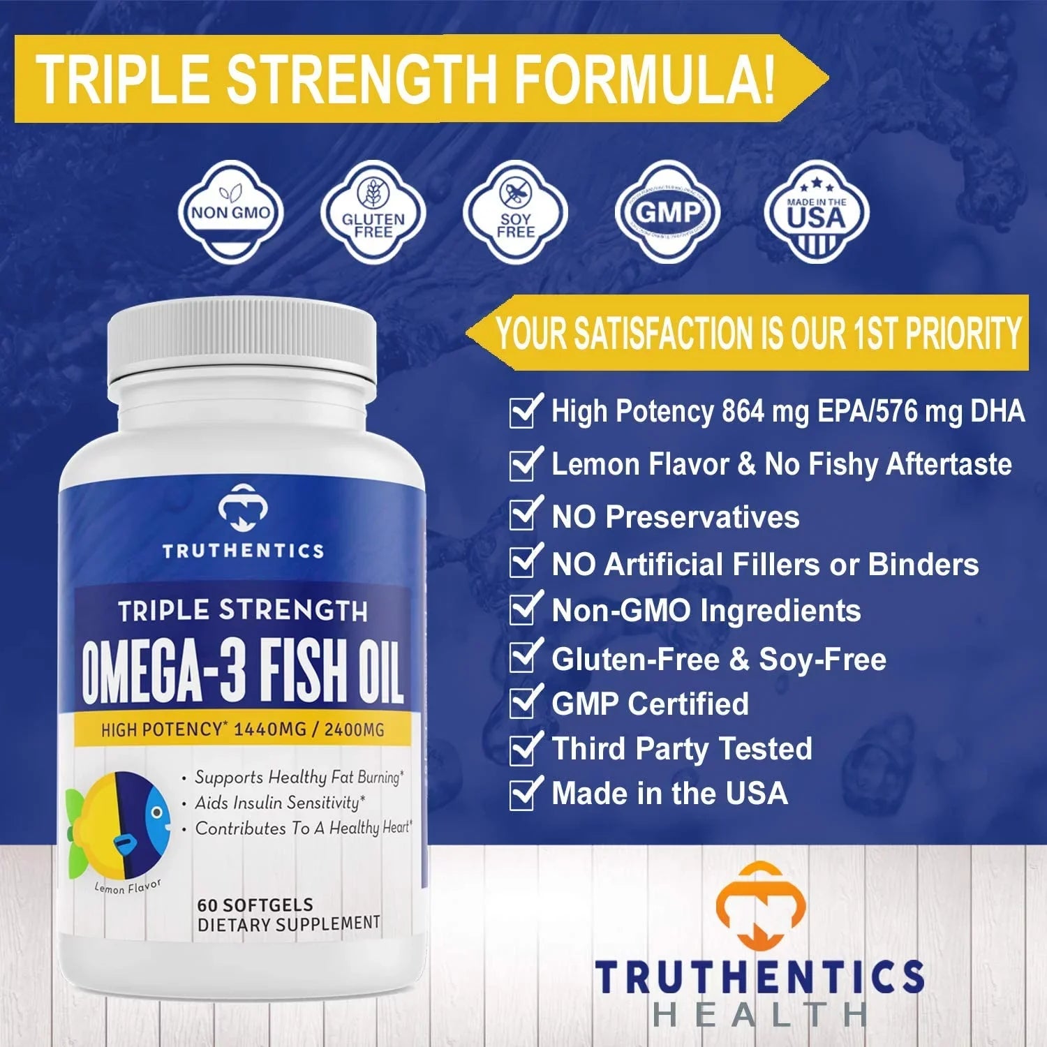 3 Truthentics Omega (2 Burpless Pack) - Pure 3 mg Omega 2400 Fish EPA - Sea-Harvested DHA Acids Oil Strength Fish Triple 120 100% Oil Softgels - - Fatty High Lemon Flavor