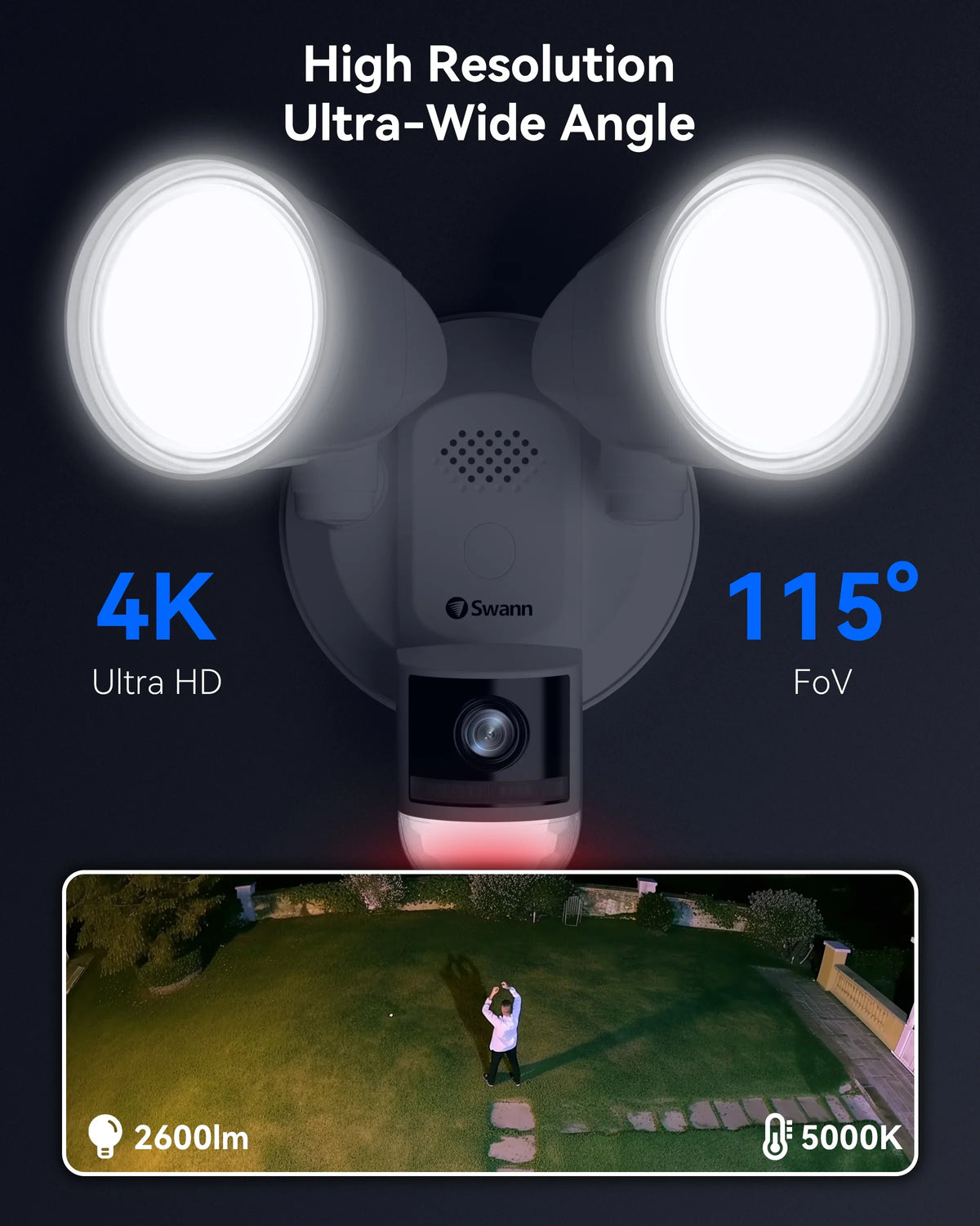 Motion Security Outdoor 2600 WiFi Floodlight Swann Wired Camera 4K UHD Lumen