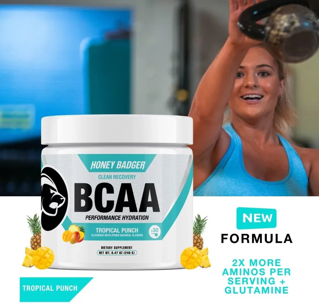 Amino Honey with + Keto, BCAA Punch, Mix, 30 Post BCAAs Sugar Badger EAA Men & Drink For Recovery Vegan, Hydration Women, Workout Electrolytes Servings & Tropical Free Acids Muscle Powder, L-Glutamine