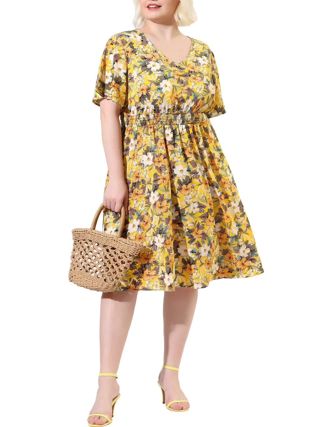 NOVA Plus 3X Yellow Midi Flare Neck V Sleeve Dress Print Casual MODA Floral Juniors'