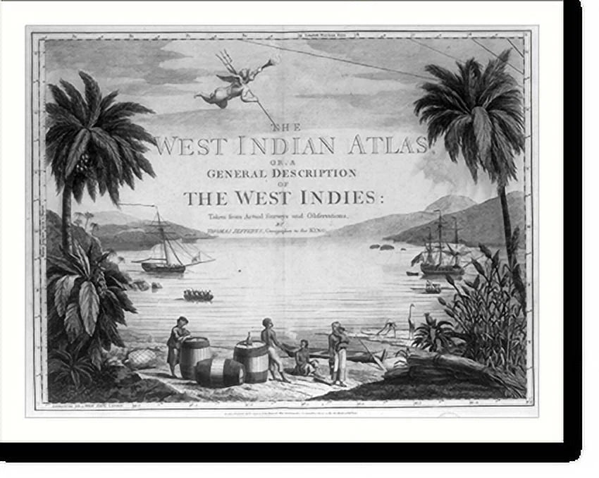 casks, the West the showing Indies on beach 17-7/8" Framed and Historic harbor], [A a in Natives in the and British two Print, large with scene sailor three x ships 21-7/8"