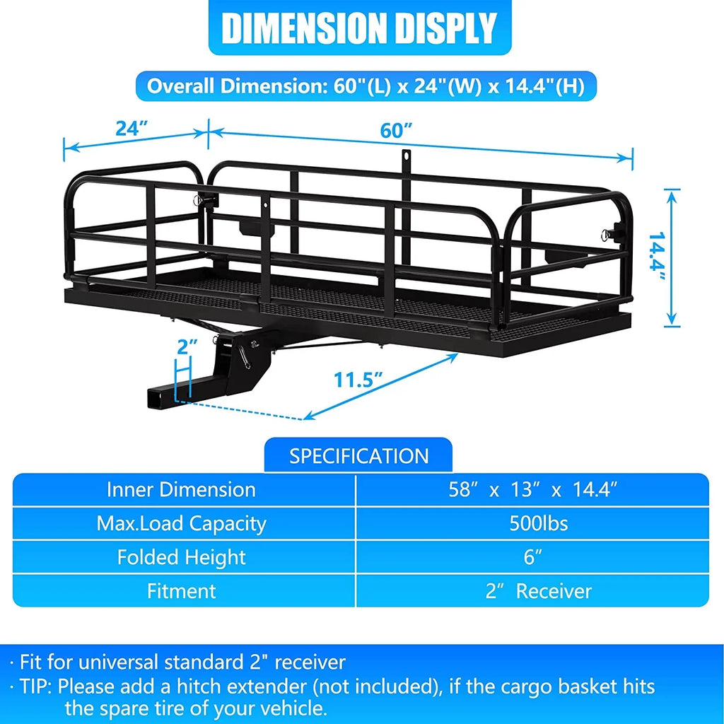 Carrier Rack 2" Fits Basket Cargo Rear x Duty Lbs 60" Receiver x for SUV Folding Traveling Luggage Car Heavy Cargo Camping 14.4" Hitch 500 24" Mount