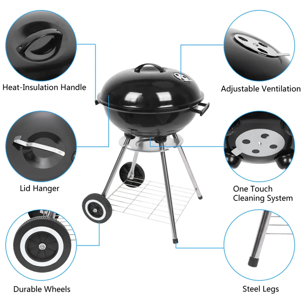 Storage Cooking Grill Camping Grill Grill Grate Wheels, Steel inch Outdoor 18 with Charcoal BBQ w/ on Area,