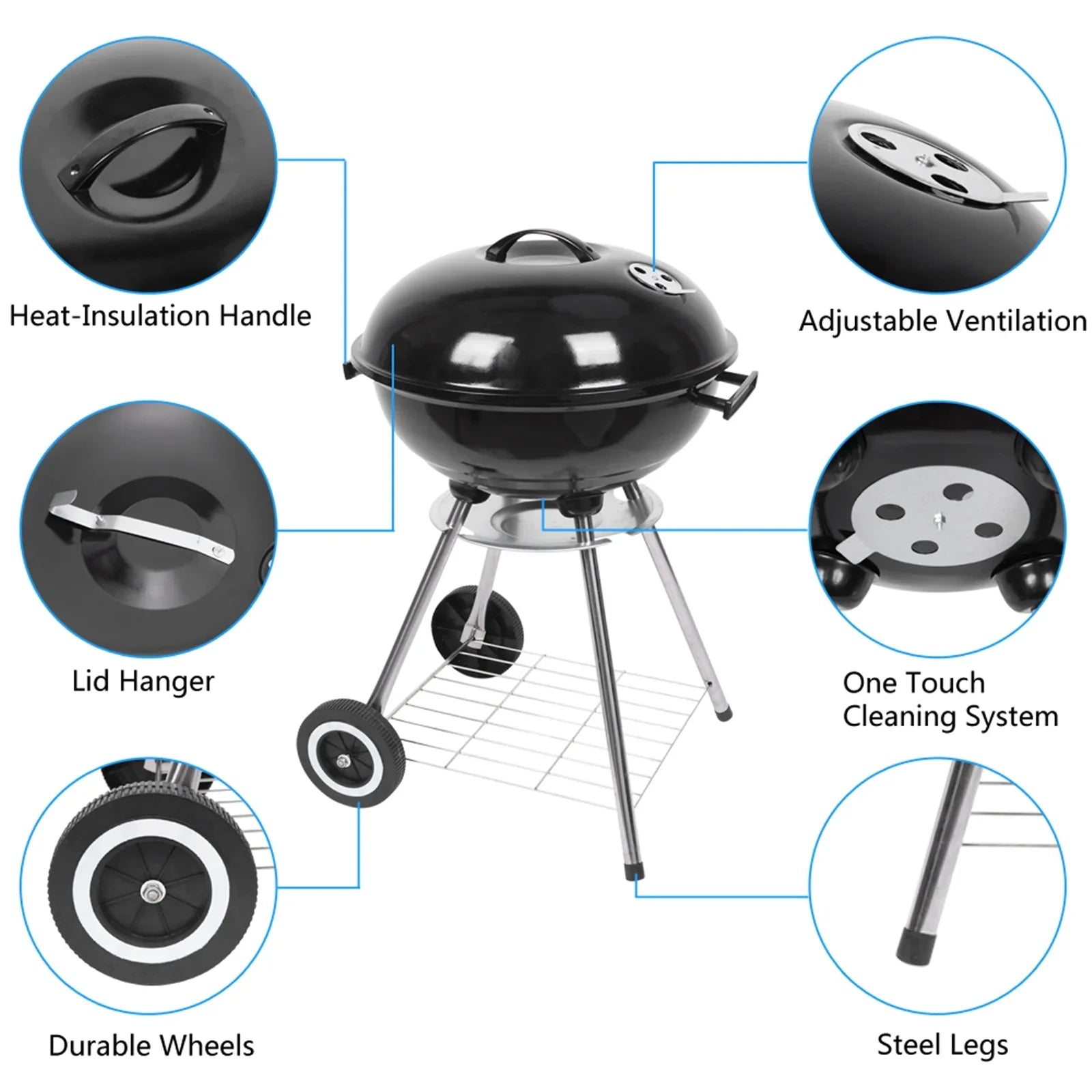 Storage Cooking Grill Camping Grill Grill Grate Wheels, Steel inch Outdoor 18 with Charcoal BBQ w/ on Area,
