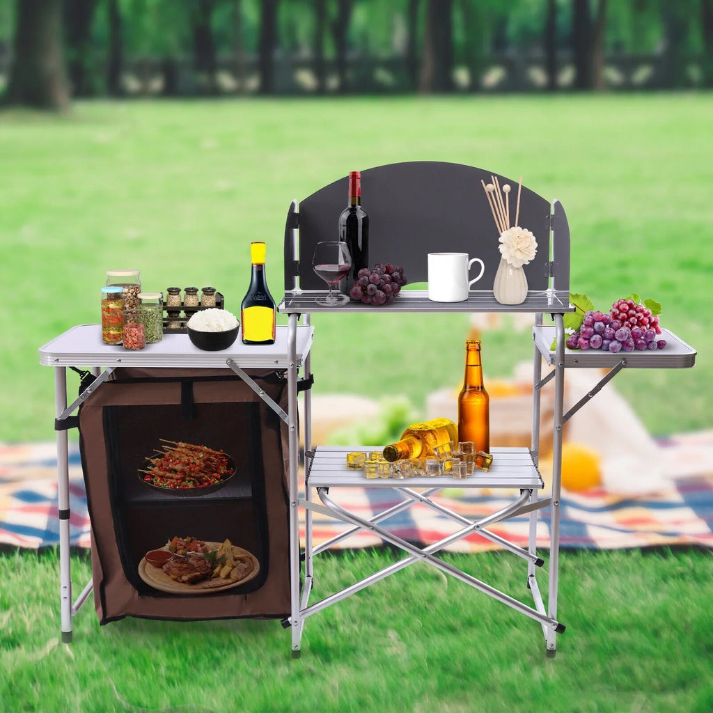 Barbecue Camping Folding Table Portable Rack+Brown Fabric Station Cover