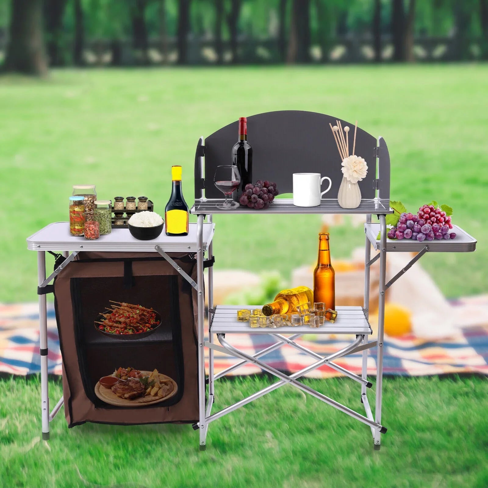 Barbecue Camping Folding Table Portable Rack+Brown Fabric Station Cover