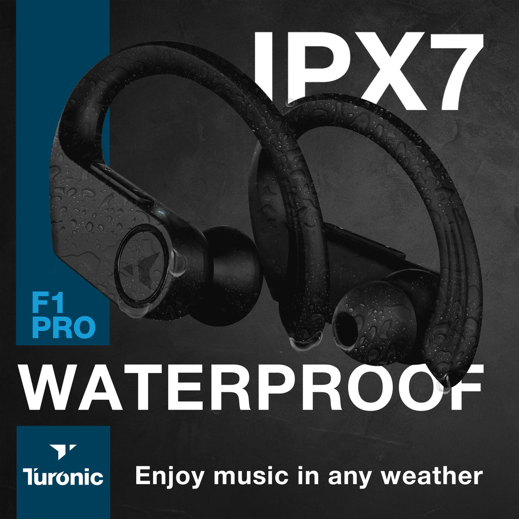 Earhook Running, Wireless - - Black w/Microphone with Sport Mic, Earbuds 45H Pro - Gym, Playtime, F1 True Charging Waterproof Turonic Bluetooth case, - Earphones Headphones Wireless Workout for IPX7